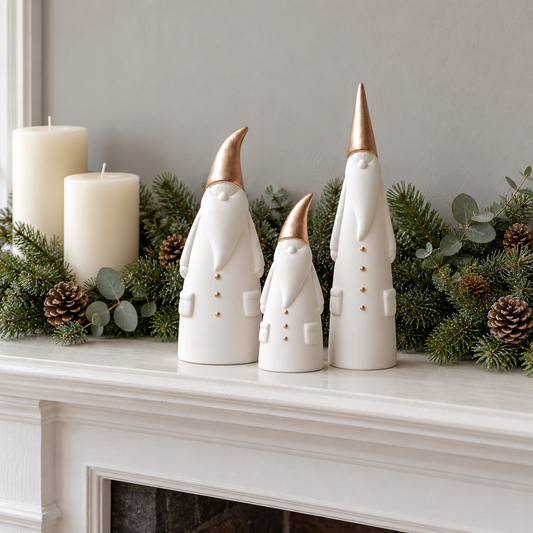 Three white ceramic Santa figurines with gold pointed hats standing on a white fireplace mantel beside a fir garland