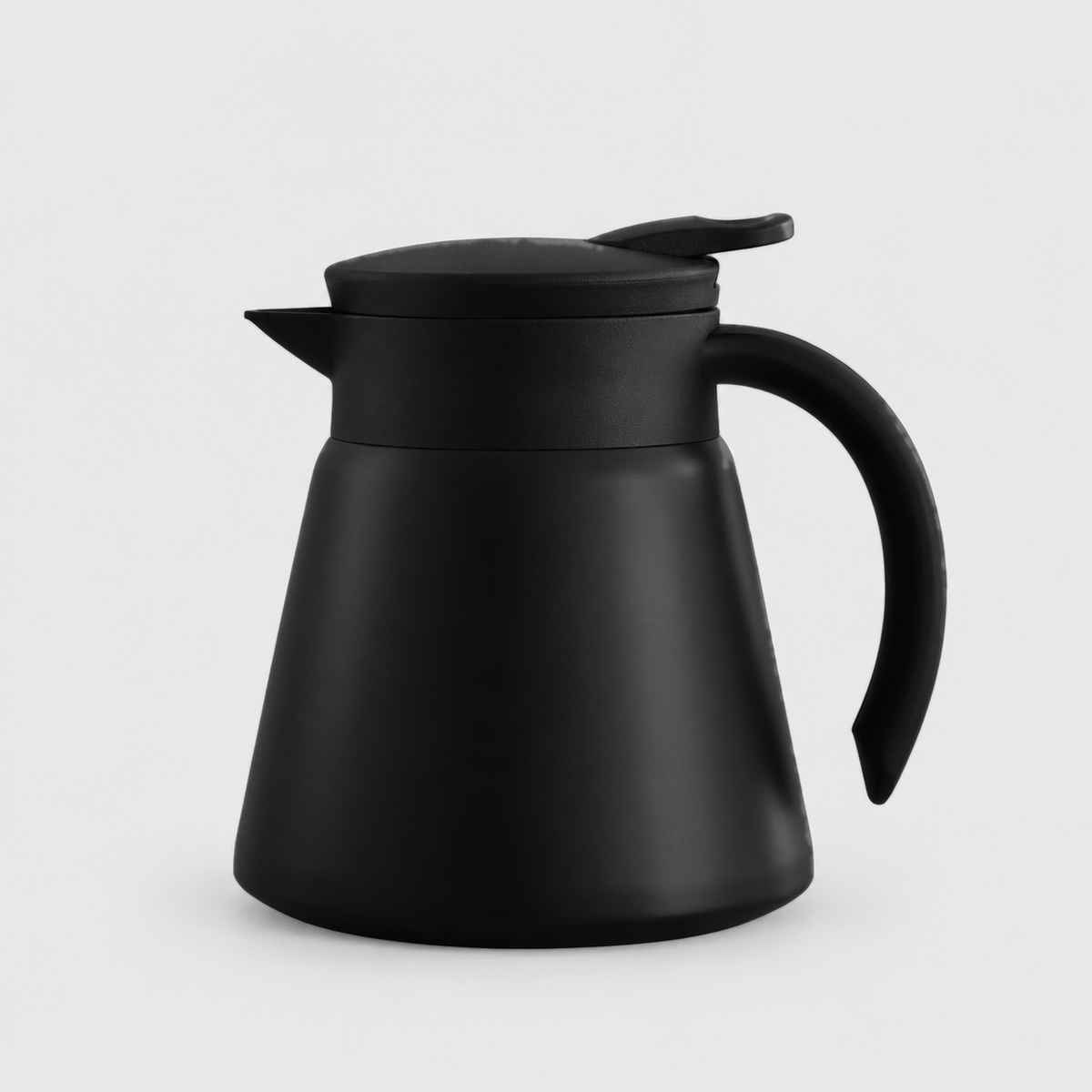 Black thermal coffee carafe with a press lever lid, triangular spout and black handle on a light gray background
