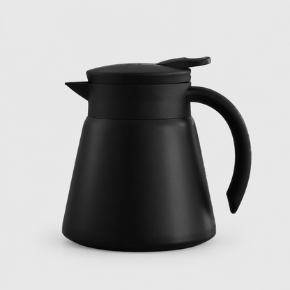 Black thermal coffee carafe with a press lever lid, triangular spout and black handle on a light gray background