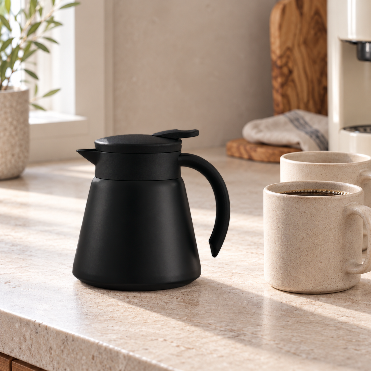Black thermal coffee carafe on a pale stone kitchen counter beside two coffee mugs in morning light