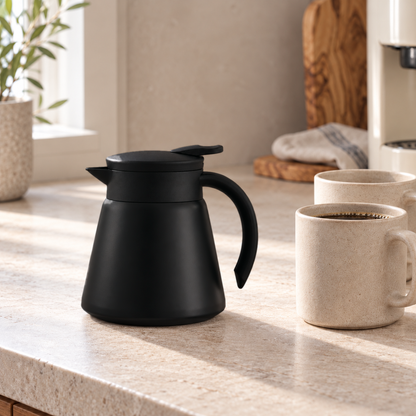 Black thermal coffee carafe on a pale stone kitchen counter beside two coffee mugs in morning light