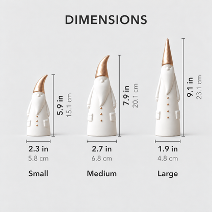 Dimensions of the three Santa figurines: small 5.9 inches, medium 7.9 inches and large 9.1 inches tall