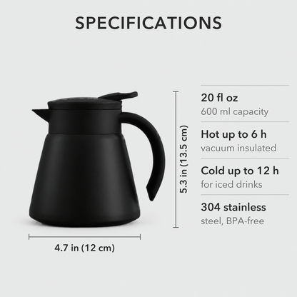 Thermal coffee carafe specifications: 5.3 inches tall and 4.7 inches wide, holds 20 fl oz, keeps drinks hot up to 6 hours and cold up to 12 hours, 304 stainless steel, BPA-free