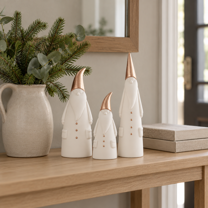 White and gold ceramic Santa figurines on an oak console table in a hallway with fir stems in a stoneware jug