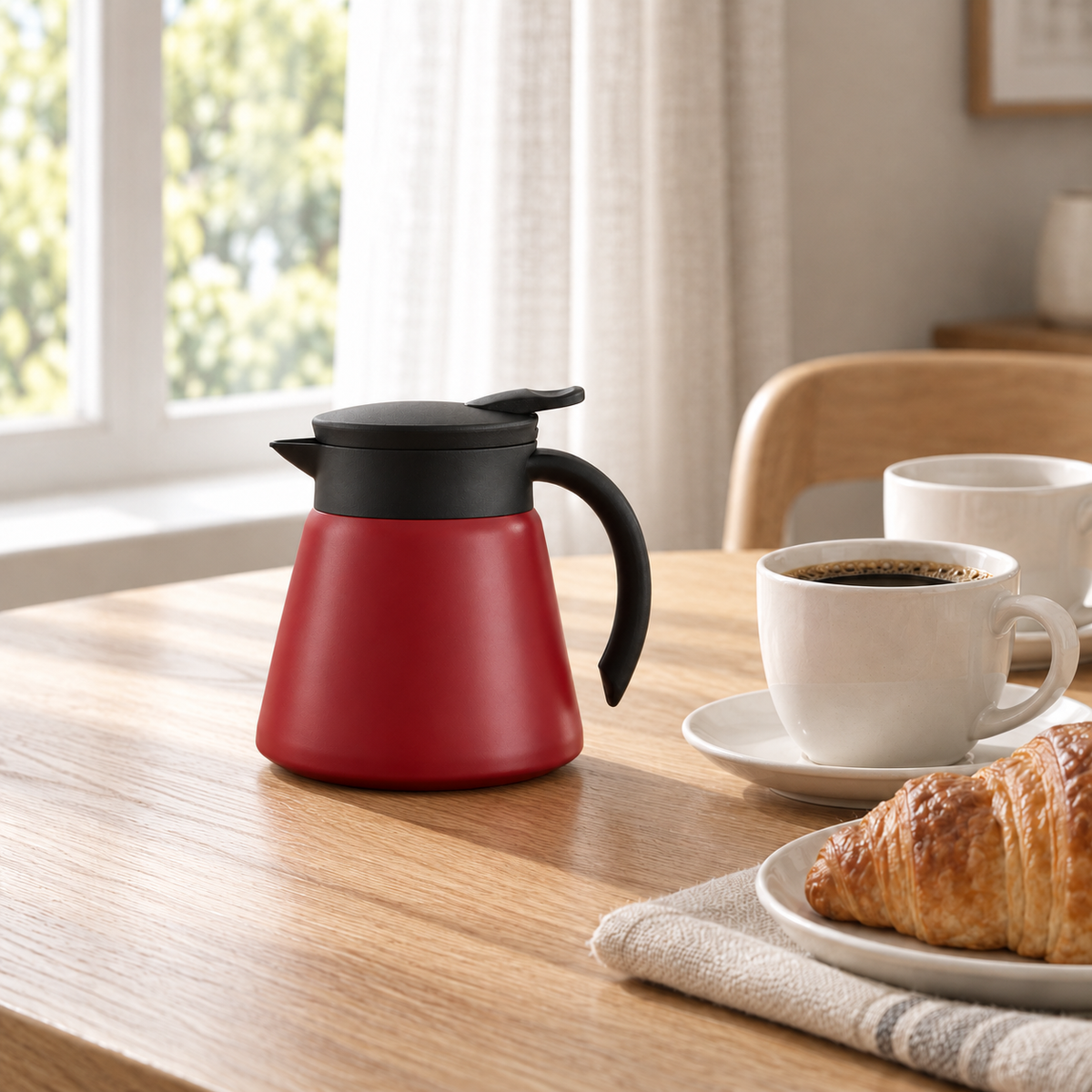 Red thermal coffee carafe on an oak breakfast table by a window with two cups of coffee