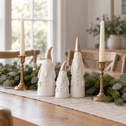 Three ceramic Santa figurines as a centerpiece on a dining table runner with greenery and brass candlesticks