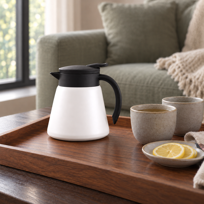White thermal carafe on a walnut tray with two tea cups on a living room coffee table