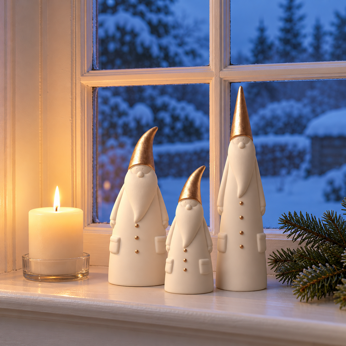 White ceramic Santa figurines on a windowsill lit by a candle in the evening with snow outside the window