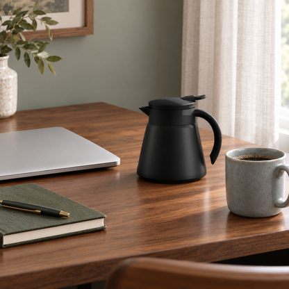 Black insulated coffee carafe on a wooden home office desk beside a laptop and a mug