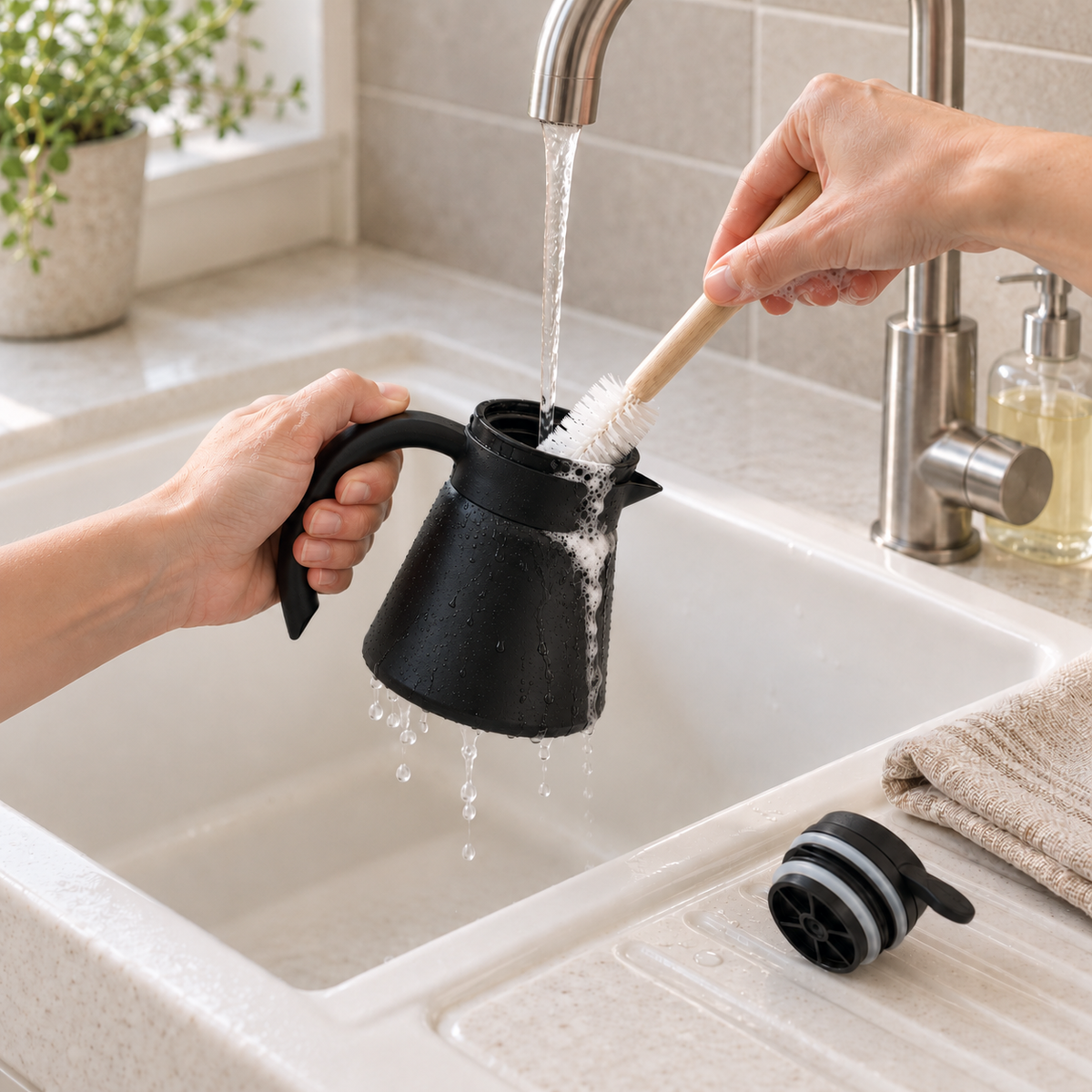 Hands rinsing the black thermal carafe under a kitchen tap with a bottle brush, stopper unscrewed on the draining board