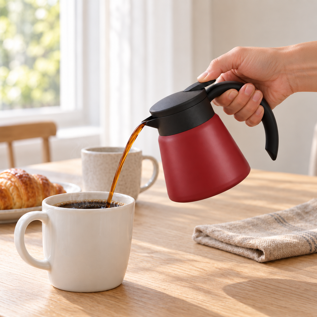 Hand pouring coffee from the red thermal carafe into a white mug, thumb on the lever