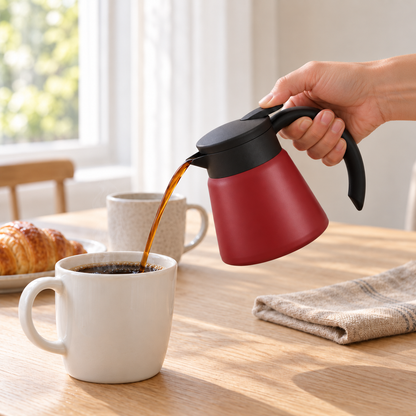 Hand pouring coffee from the red thermal carafe into a white mug, thumb on the lever