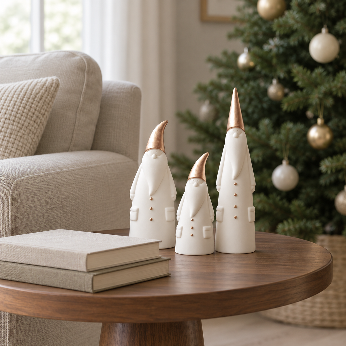 Three white Santa figurines with gold hats on a walnut side table beside a sofa with a Christmas tree behind
