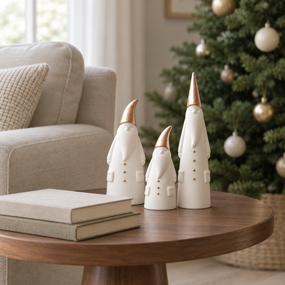Three white Santa figurines with gold hats on a walnut side table beside a sofa with a Christmas tree behind