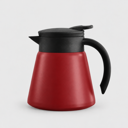 Red thermal coffee carafe with a black lid, spout and handle on a light gray background