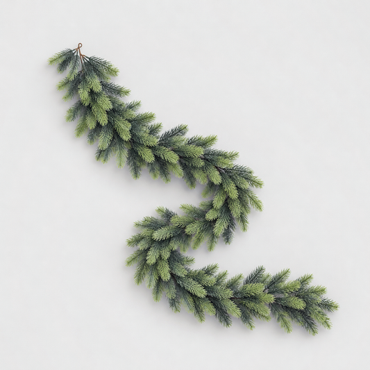 Dark green artificial pine garland, 75 inches long, laid in a loose curve on a light grey background