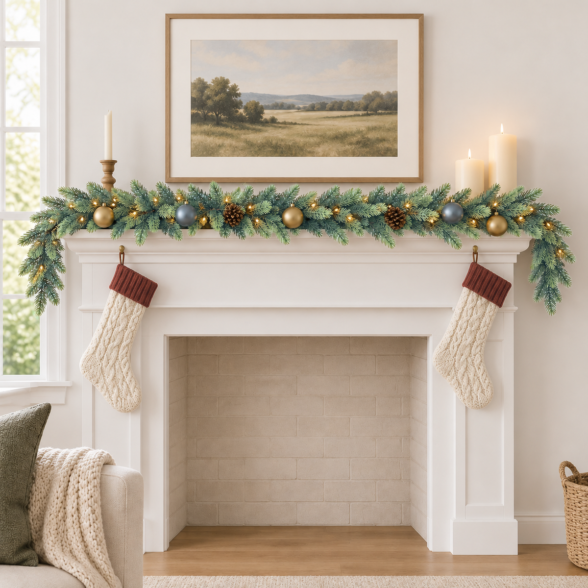 Long dark green pine garland with warm fairy lights, brass and blue baubles and pine cones along a white fireplace mantel, with candles and cream stockings