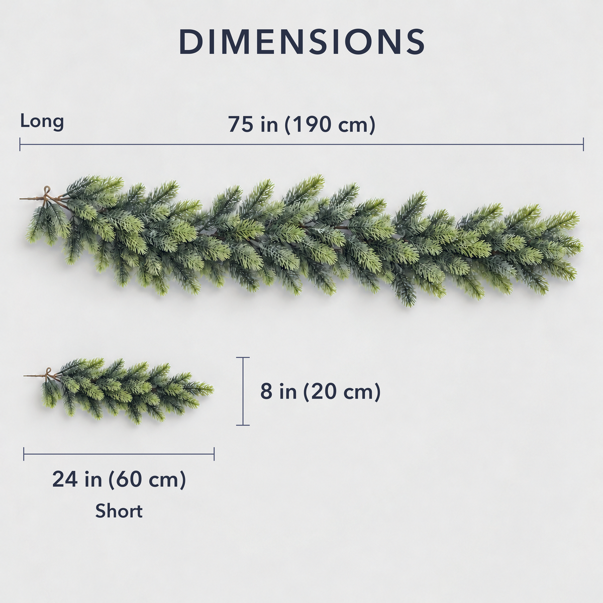 The long 75 inch garland and the short 24 by 8 inch swag laid one above the other to show their sizes