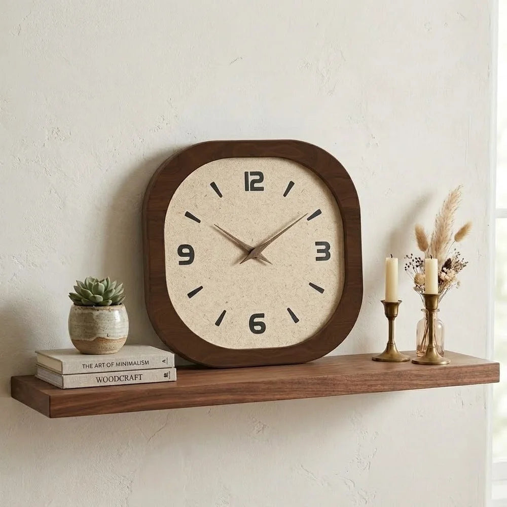 Rounded square clock standing on a floating wooden shelf with candles, a small plant and dried grasses