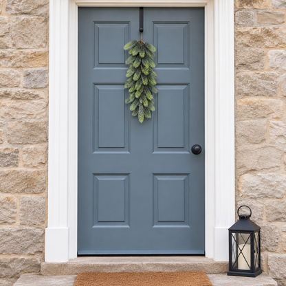 Short dark green pine swag hanging on a blue-grey front door outside