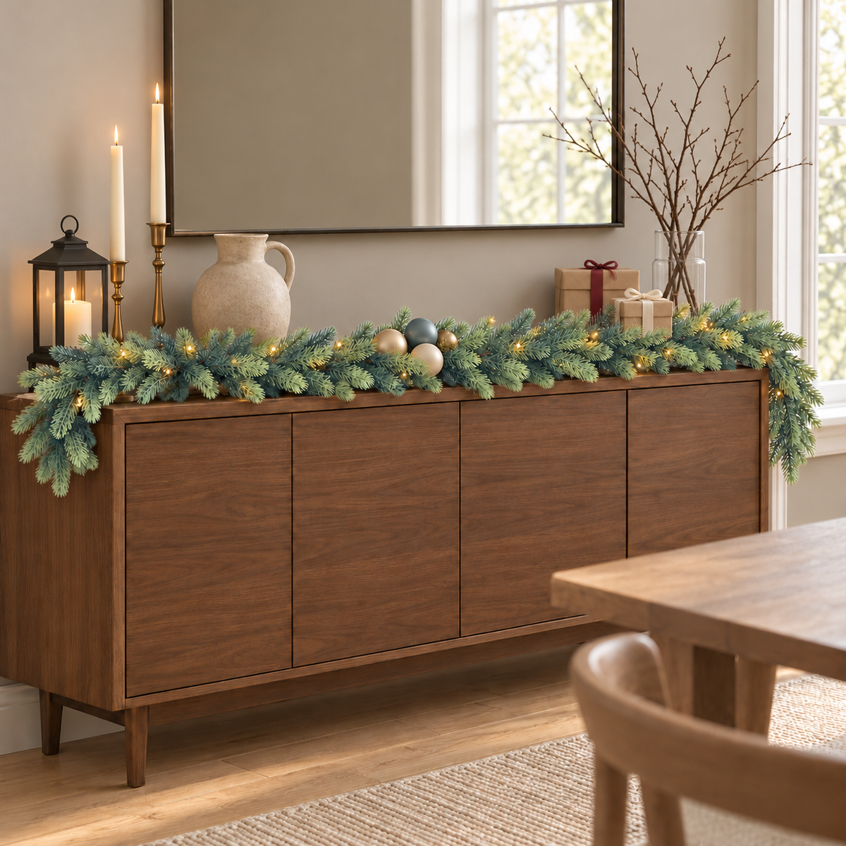 Dark green pine garland with fairy lights and baubles along a walnut sideboard, with lit candles, a lantern and wrapped gifts