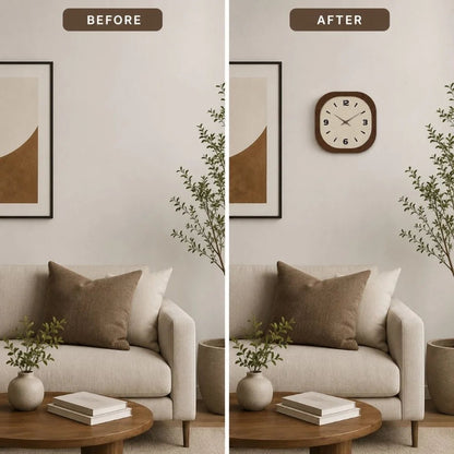 Living room wall shown before and after hanging the rounded square clock above a cream sofa