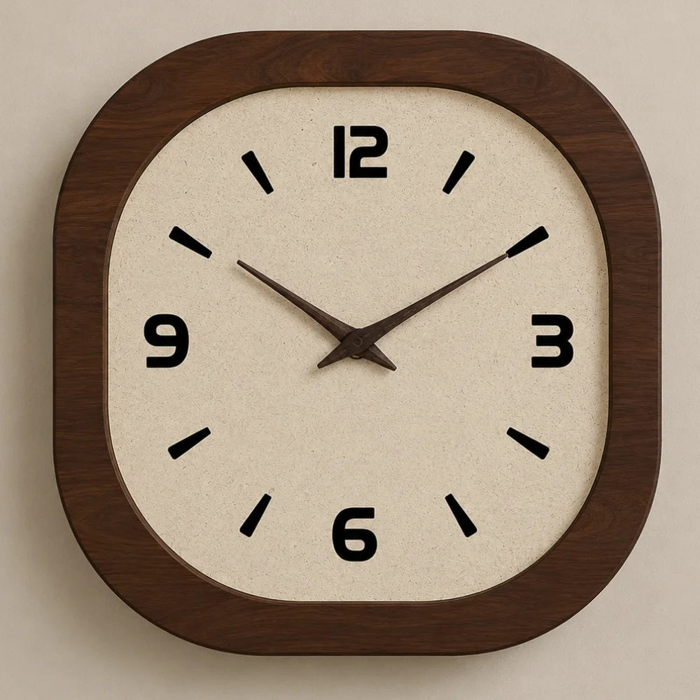 Rounded square wall clock straight on, with a dark wood-grain frame, cream flecked face and black numbers