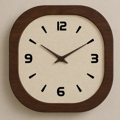 Rounded square wall clock straight on, with a dark wood-grain frame, cream flecked face and black numbers