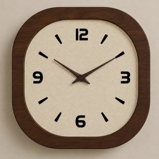 Rounded square wall clock straight on, with a dark wood-grain frame, cream flecked face and black numbers