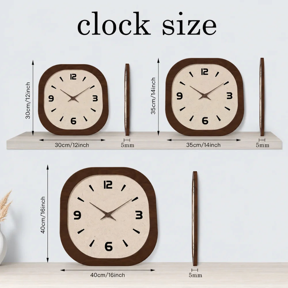 Size chart of the three clocks, 12, 14 and 16 inches square, each 5 millimeters thick