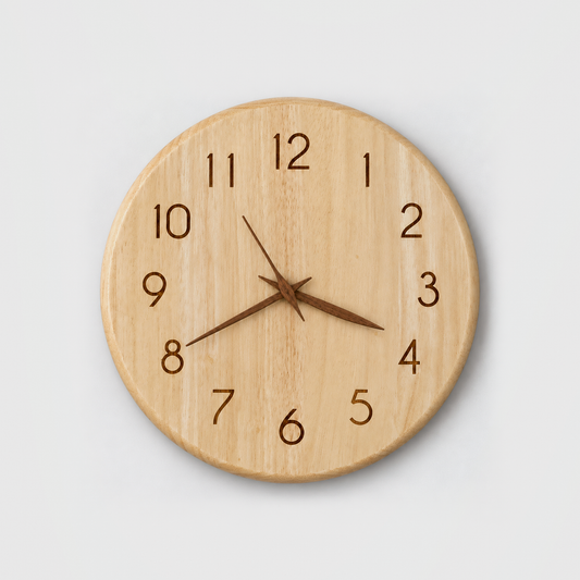 Round pale rubberwood wall clock with engraved numbers and slim walnut-brown hour, minute and second hands, hanging on a light gray wall