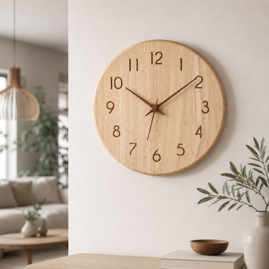 Pale wood wall clock with engraved numbers and slim walnut hands on a white wall in a bright living room, above a low table with a bowl and an olive branch