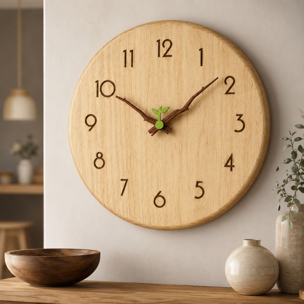 Twig-hands wood wall clock with a small green sprout at the center, hanging above a wooden sideboard with a wooden bowl and stone vases