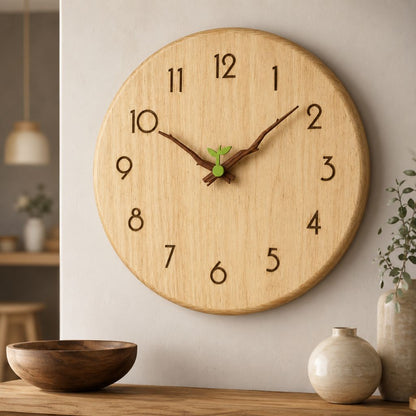 Twig-hands wood wall clock with a small green sprout at the center, hanging above a wooden sideboard with a wooden bowl and stone vases