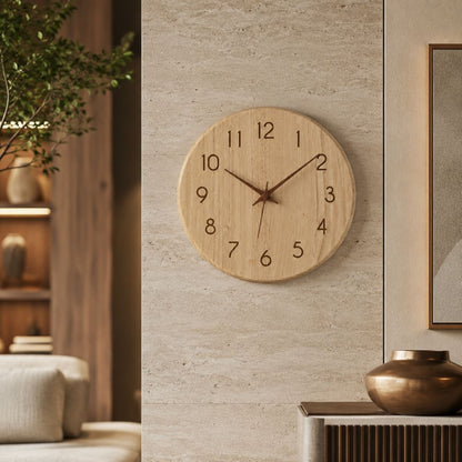 Pale wood wall clock with walnut hands on a travertine wall beside a framed print and a bronze vase
