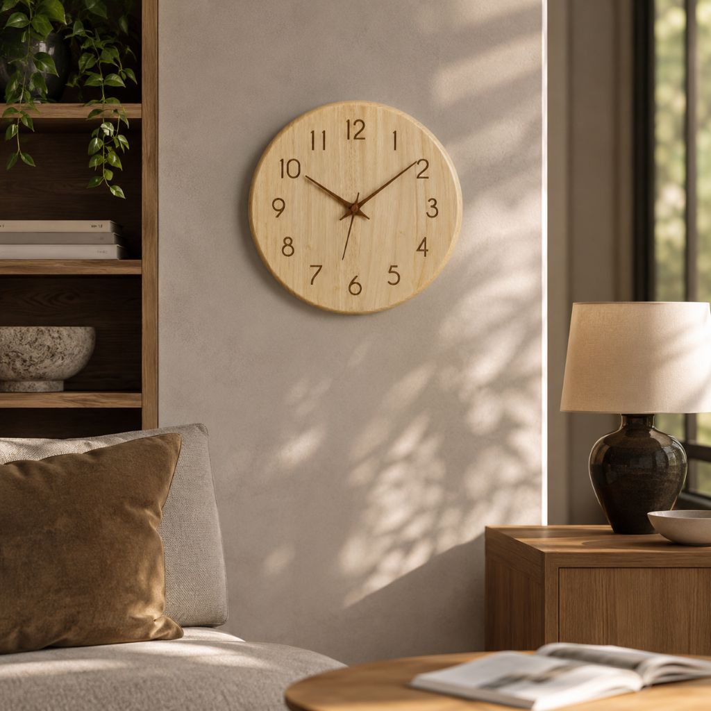 Wood wall clock on a sunlit plaster wall in a living room corner with a bookshelf, a sofa and a table lamp