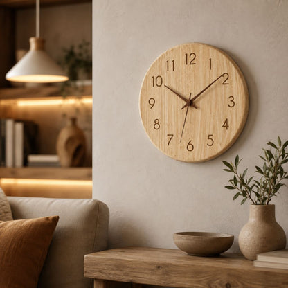 Wood wall clock on a warm plaster wall in the evening, above a rustic console with a stone bowl and an olive branch