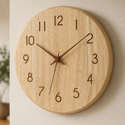 Pale wood wall clock seen at an angle, showing the engraved numbers, the walnut hands and the rounded edge