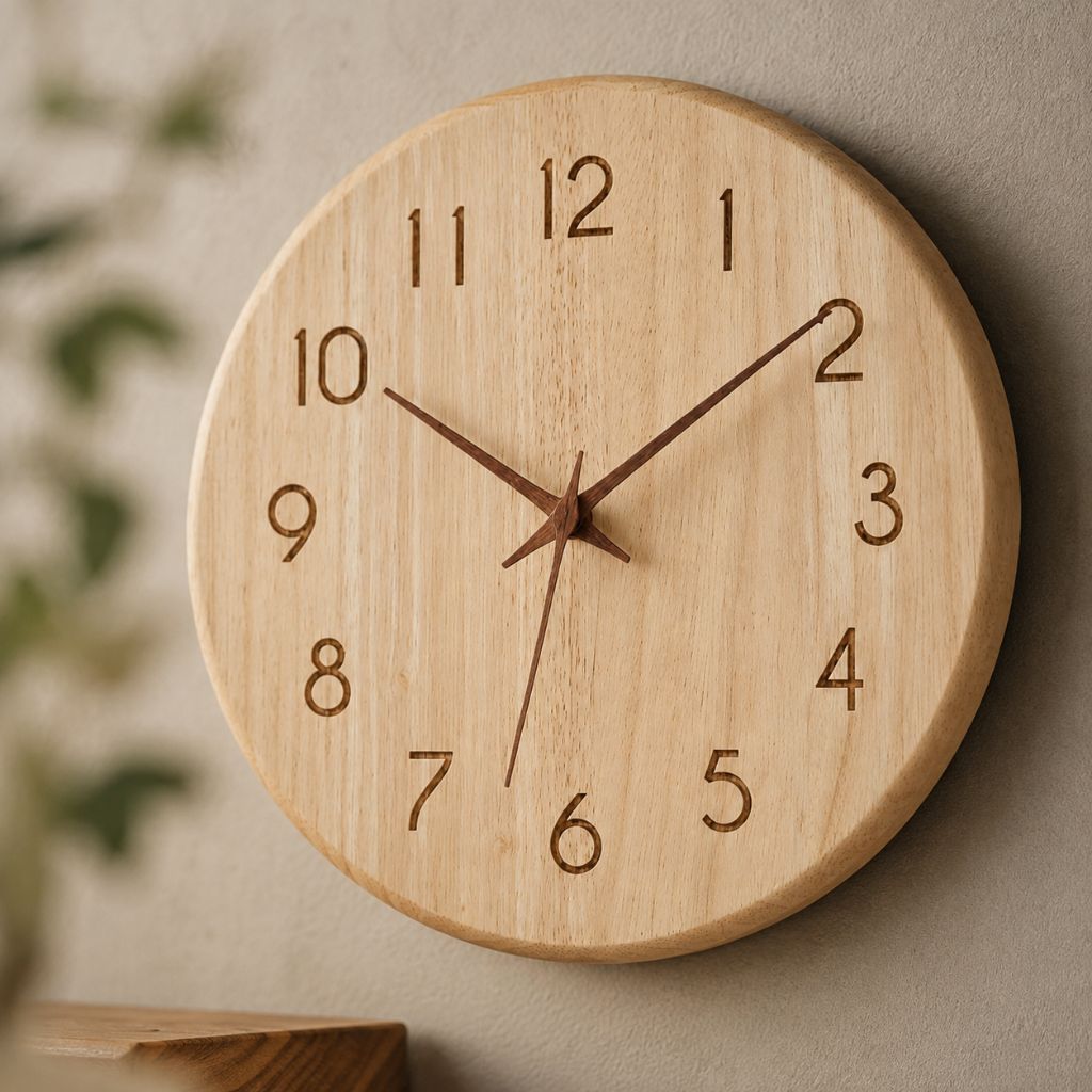 Pale wood wall clock at an angle on a gray wall, with engraved numbers and slim walnut hour, minute and second hands