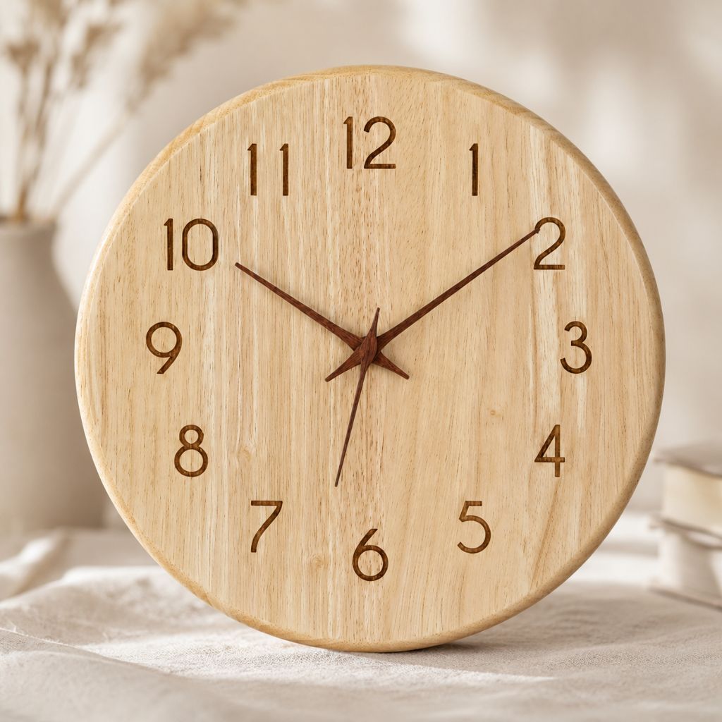 Pale wood clock with engraved numbers and walnut hands standing on a linen-covered table beside dried grasses