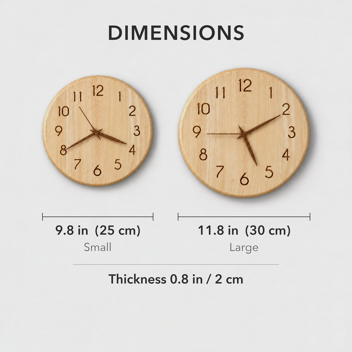 Dimensions card showing the small clock 9.8 inches across and the large clock 11.8 inches across, with a thickness of 0.8 inches