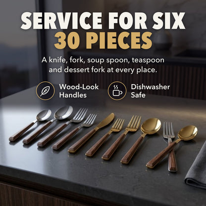 Text image: Service for six, 30 pieces, a knife, fork, soup spoon, teaspoon and dessert fork at every place, wood-look handles, dishwasher safe