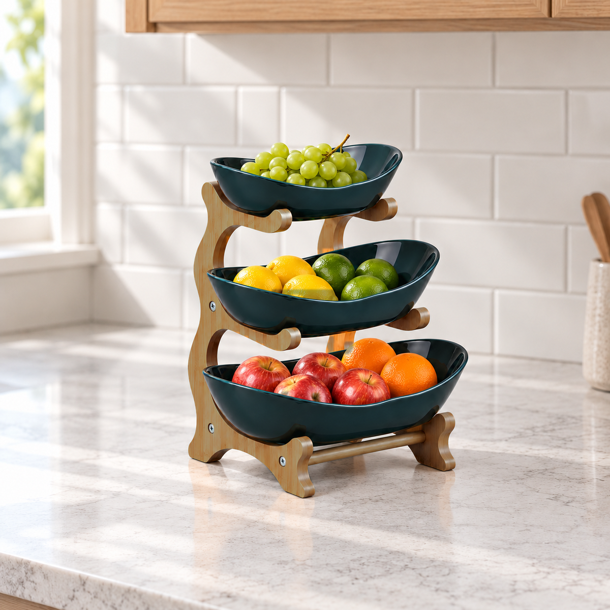 Three-tier bamboo fruit stand with deep green bowls full of grapes, citrus and apples on a kitchen counter