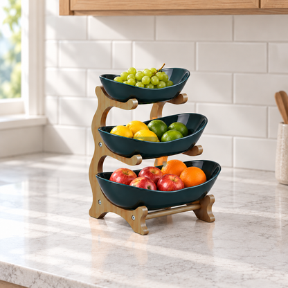 Three-tier bamboo fruit stand with deep green bowls full of grapes, citrus and apples on a kitchen counter