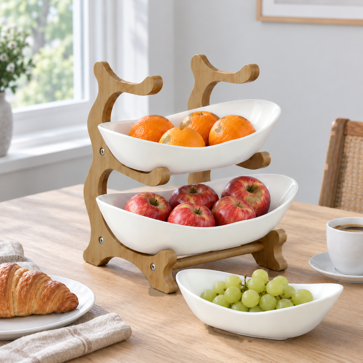 White three-tier fruit stand on a breakfast table with its top bowl lifted off and set beside it