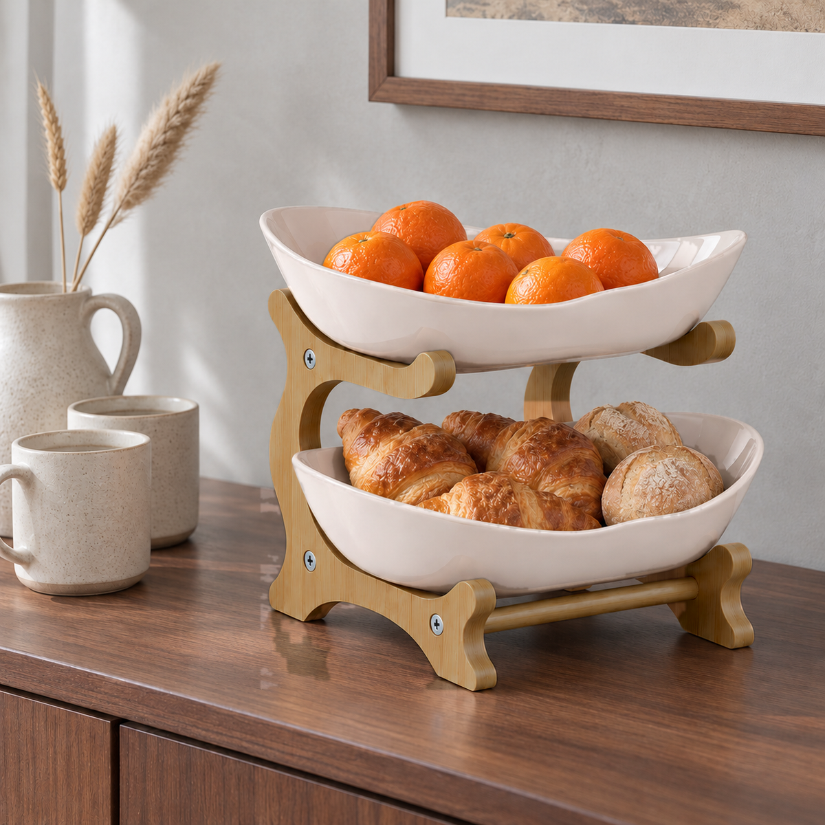 Beige two-tier bamboo stand holding bread rolls and clementines on a sideboard