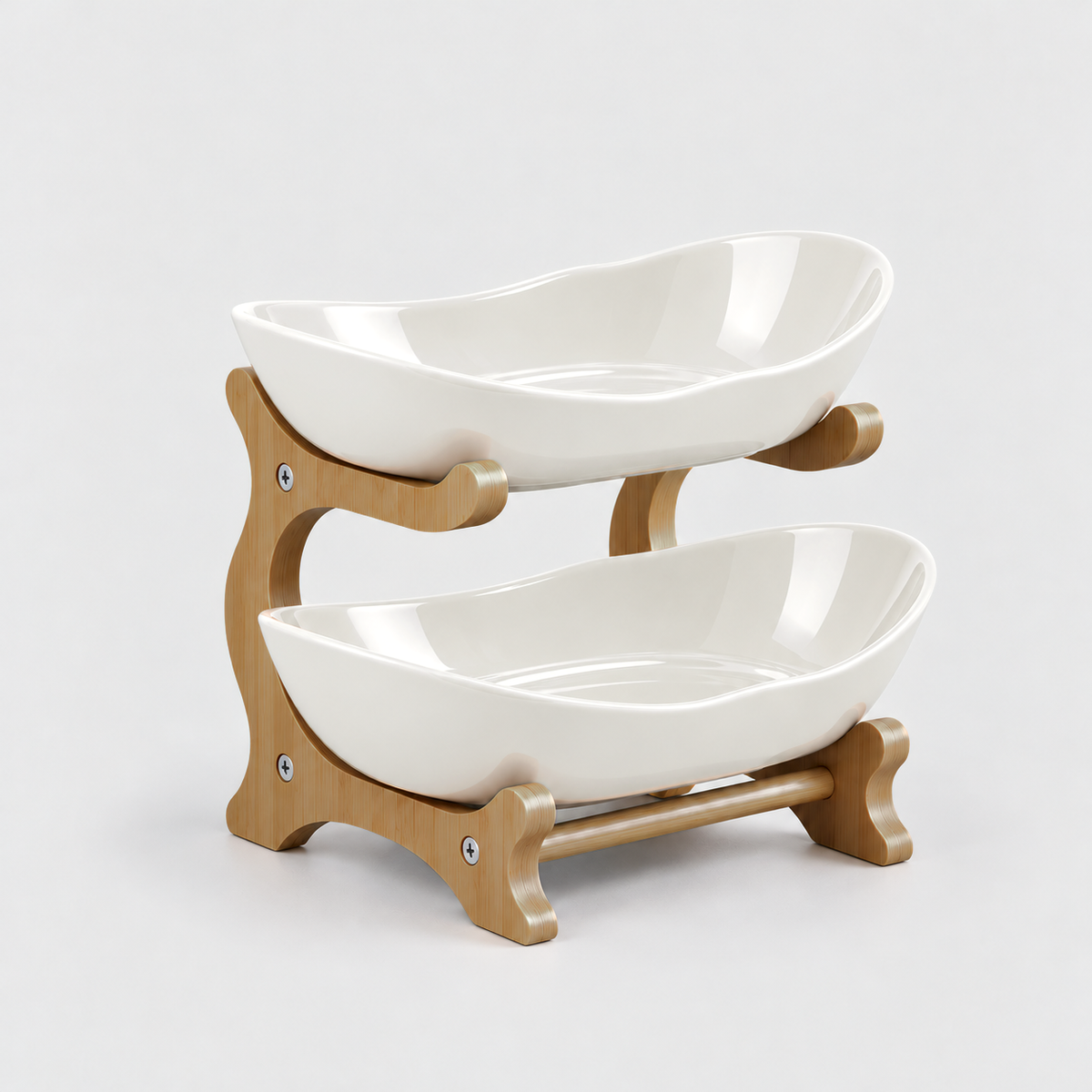Two-tier fruit bowl stand with glossy white bowls on a bamboo frame