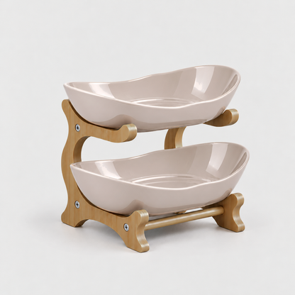 Two-tier fruit bowl stand with glossy beige bowls on a bamboo frame