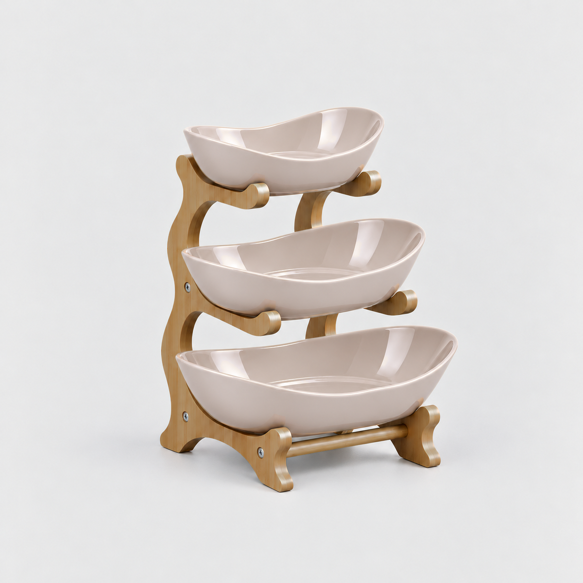 Three-tier fruit bowl stand with glossy beige bowls on a bamboo frame