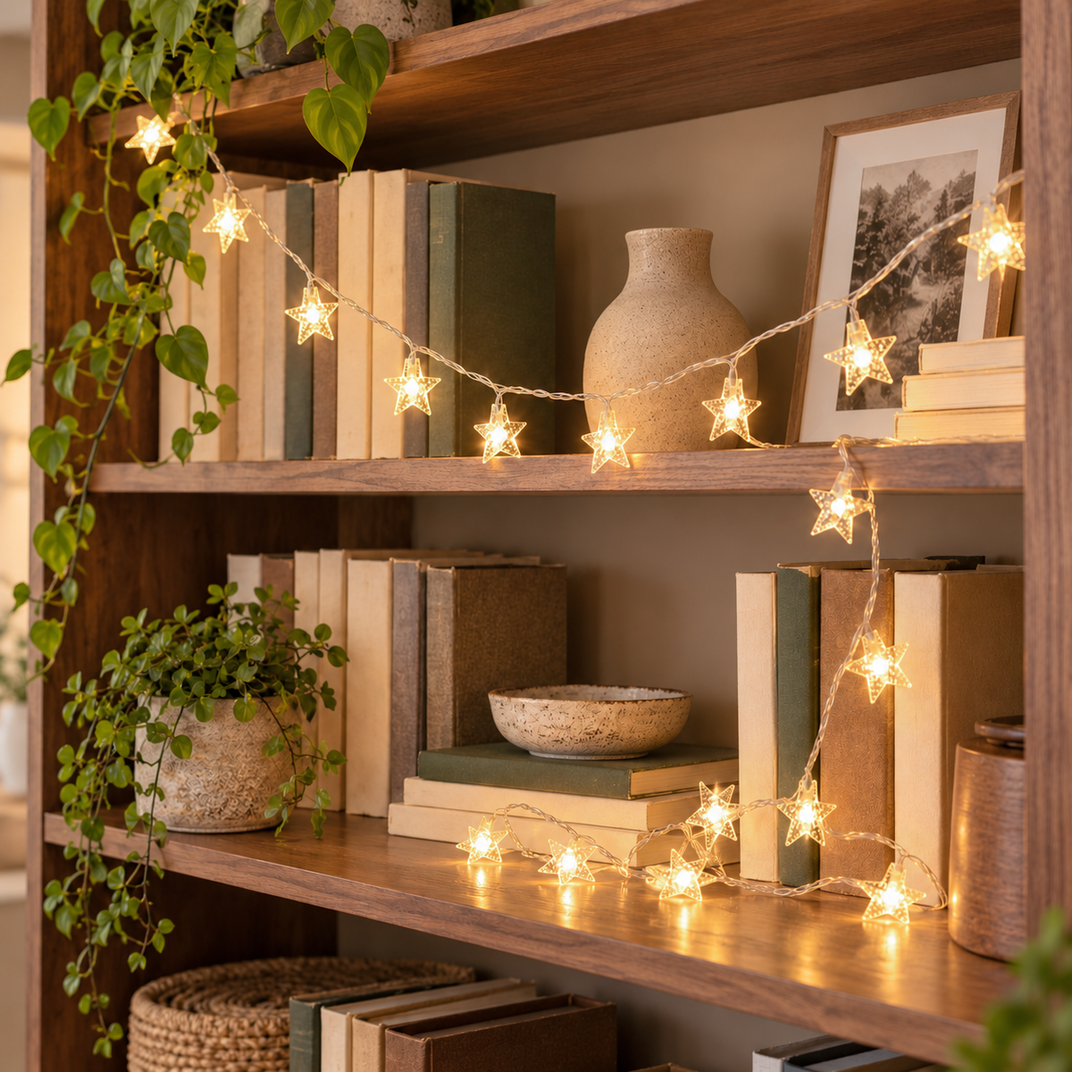 Star fairy lights in loose swags along a bookcase shelf, trailing down to the shelf below, glowing warm white in the evening